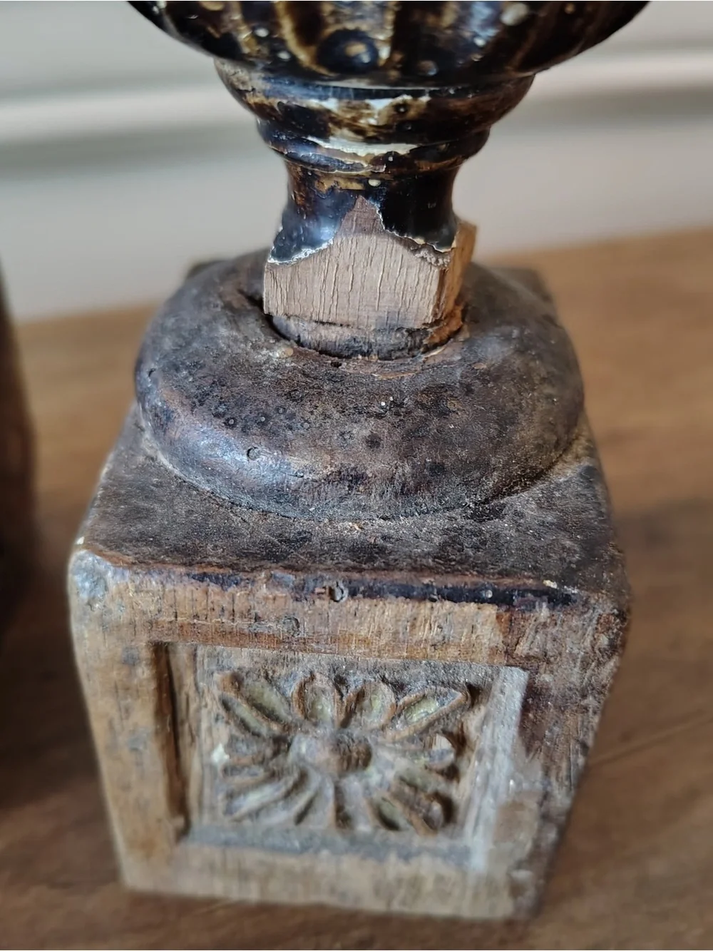 Antique Wood Staircase Finials Pair Carved Artichoke Newel Post Caps Salvage